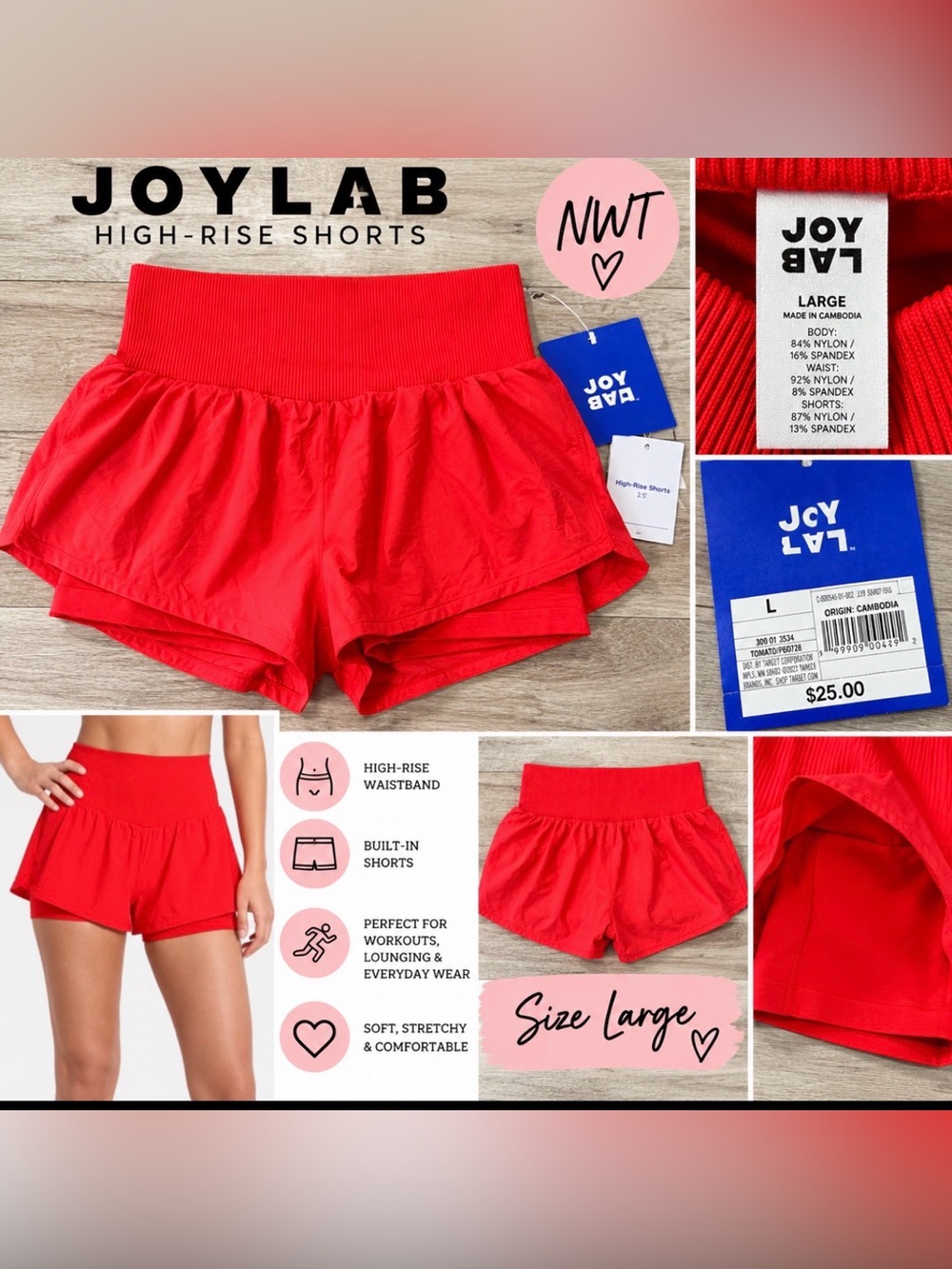 JoyLab High-Rise Built-In Shorts – Red – Size Large – NWT